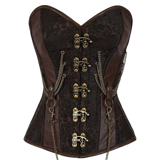 Brown and black steampunk-style corset with brass clasps and chain details.