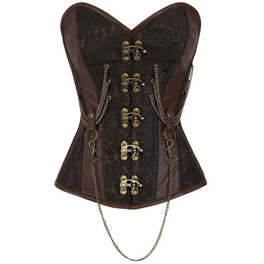 Steampunk-style corset with brass clasps, chains, and brocade fabric.