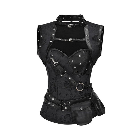 Black gothic-style corset with metal studs, buckles, and straps.