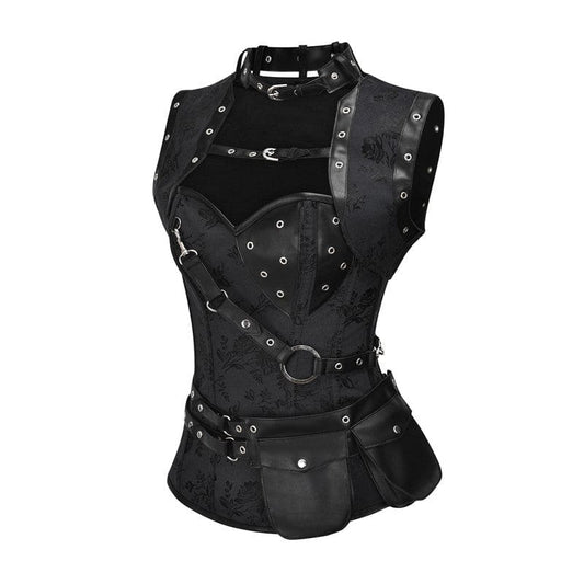 Black leather steampunk-style corset with metal buckles, straps, and grommets.