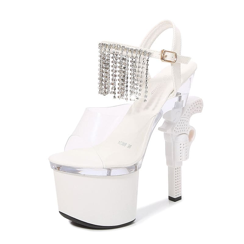 White platform high heel sandal with rhinestone fringe and a clear strap.