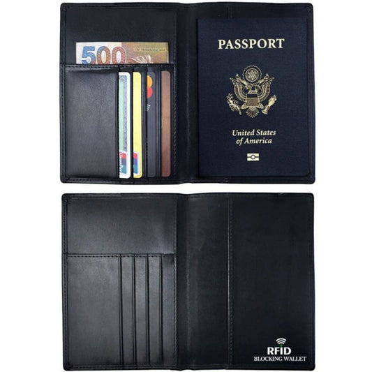 Leather passport holder with slots for cards and currency.