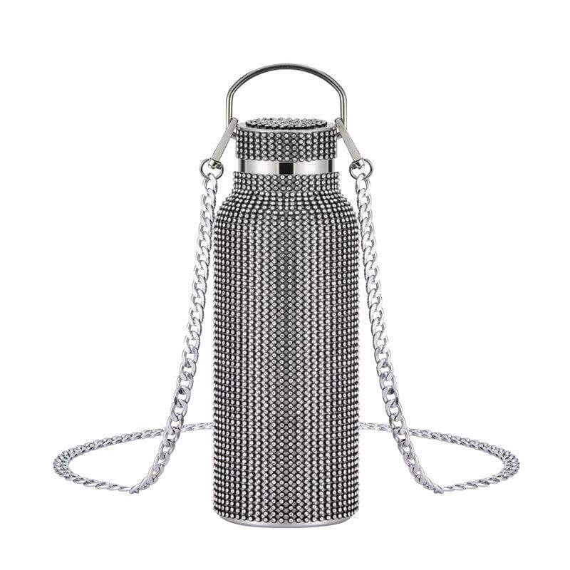 Rhinestone Encrusted Vacuum Flask High Capacity Steel Black