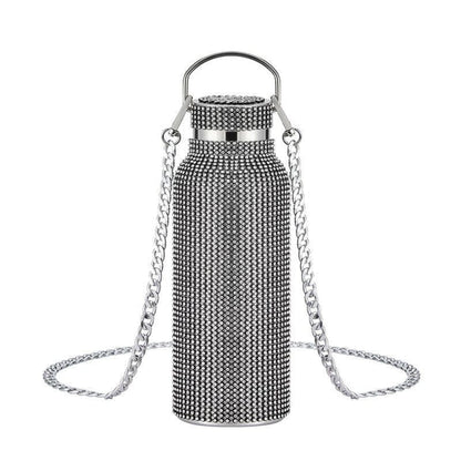 Rhinestone Encrusted Vacuum Flask High Capacity Steel Black