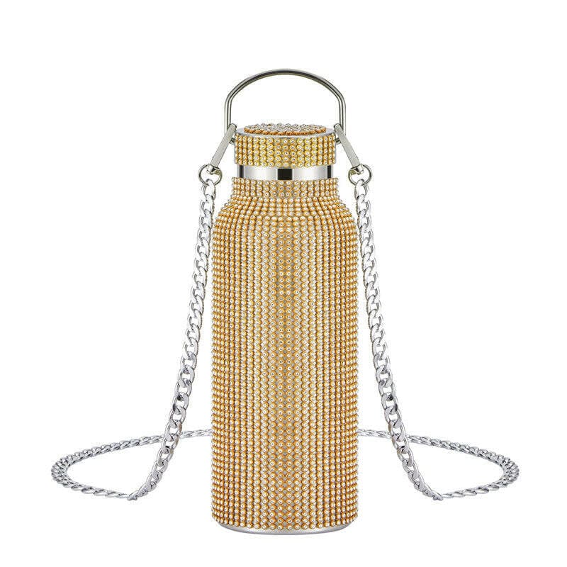 Rhinestone Encrusted Vacuum Flask High Capacity Steel Gold