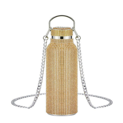 Rhinestone Encrusted Vacuum Flask High Capacity Steel Gold