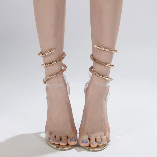 Rhinestone High-Heeled Sandals with Snakelike Winding