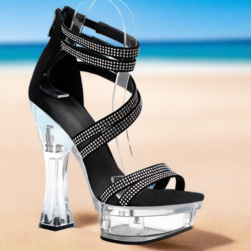 Rhinestone Strappy Drag Shoes With Transparent Platform Heel - Pleasures and Sins   Pleasures and Sins