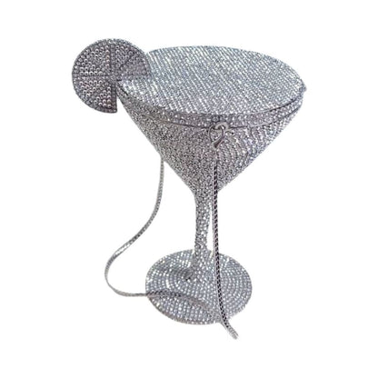 Glittering silver handbag shaped like a martini glass with a lemon slice.