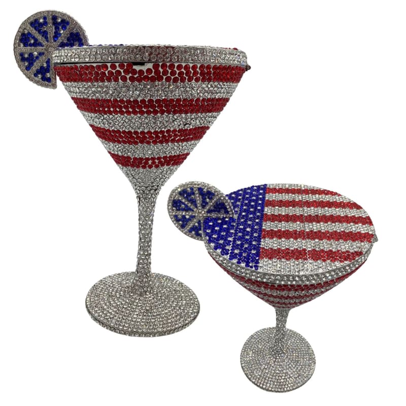 Two decorative cocktail glasses adorned with American flag-inspired rhinestone designs.