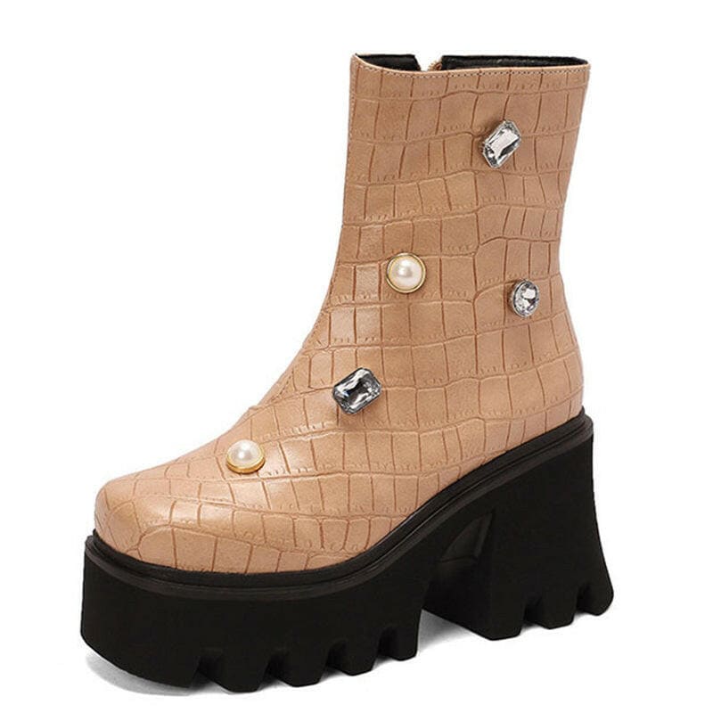 Blinged-Out British Style Square Toe Boots for You apricot