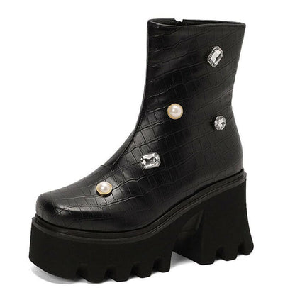 Blinged-Out British Style Square Toe Boots for You black