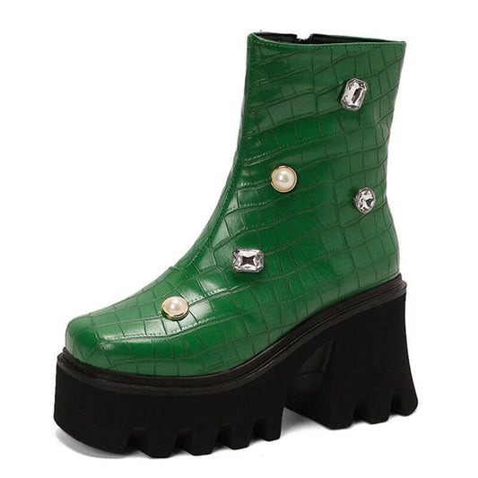 Blinged-Out British Style Square Toe Boots for You green