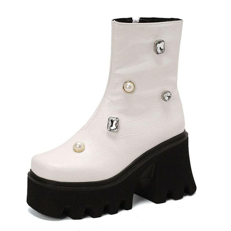 Blinged-Out British Style Square Toe Boots for You white