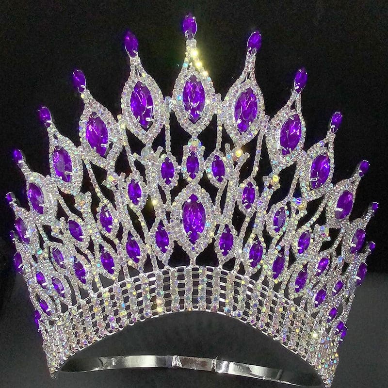 Ornate silver wedding crown tiara with purple gemstones and sparkling crystals