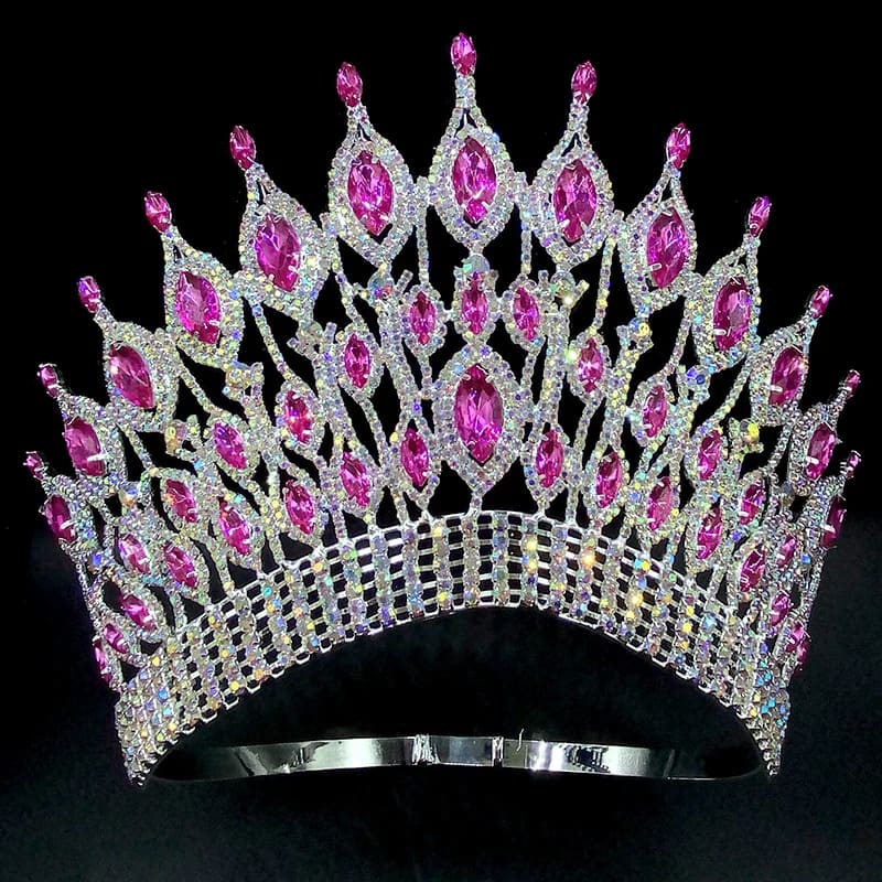 Stunning rhinestone wedding crown tiara with pink gemstones and crystals for hair jewellery.