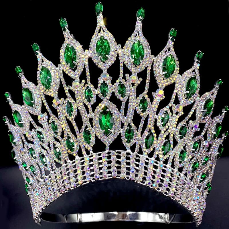 Ornate silver wedding crown tiara with emerald gems and diamonds in stunning design