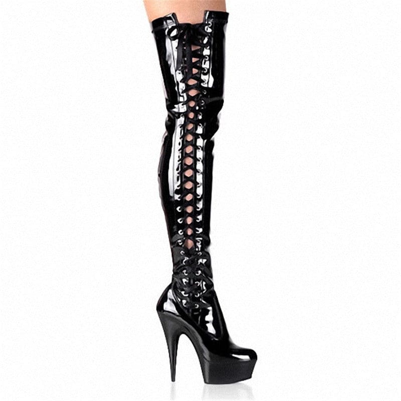 Shiny black patent leather thigh-high boot with lace-up front and very high stiletto heel.