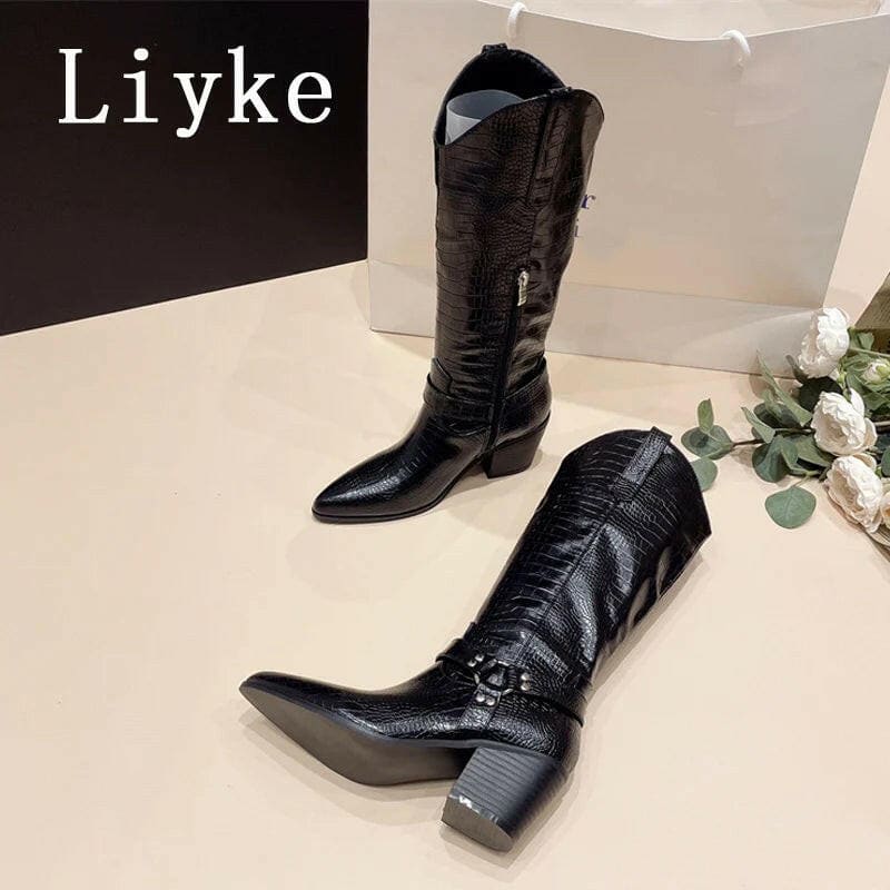 Western Cowboy Knee High Boots Black Snake Print