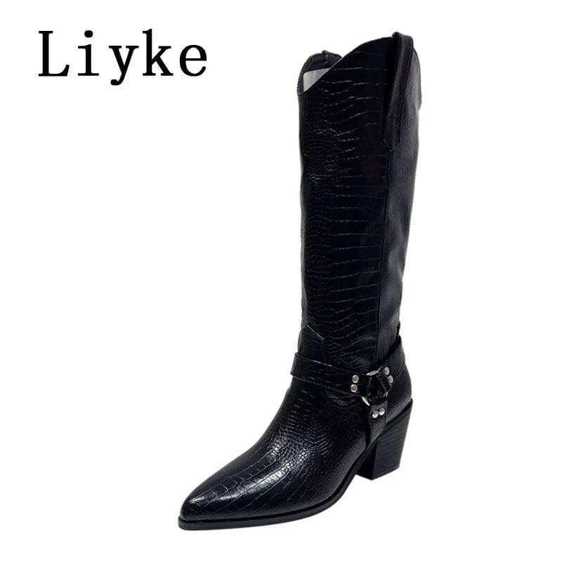 Western Cowboy Knee High Boots Black Snake Print