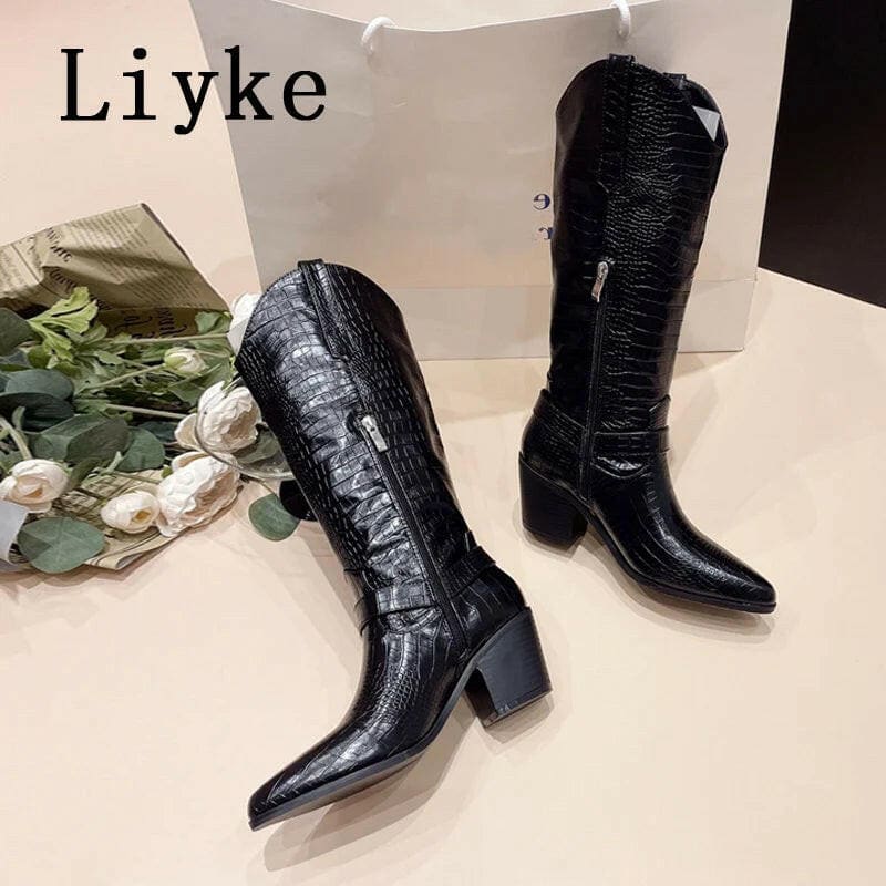 Western Cowboy Knee High Boots Black Snake Print