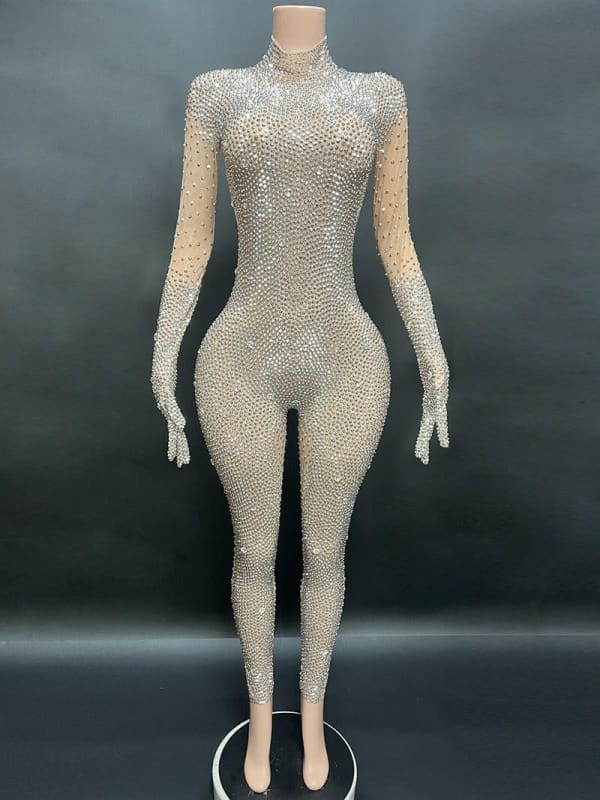 Round Neck Long Sleeved Skin Tight Rhinestone Jumpsuit