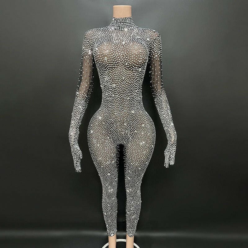 Round Neck Long Sleeved Skin Tight Rhinestone Jumpsuit