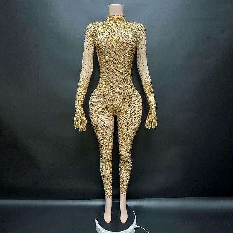 Round Neck Long Sleeved Skin Tight Rhinestone Jumpsuit gold