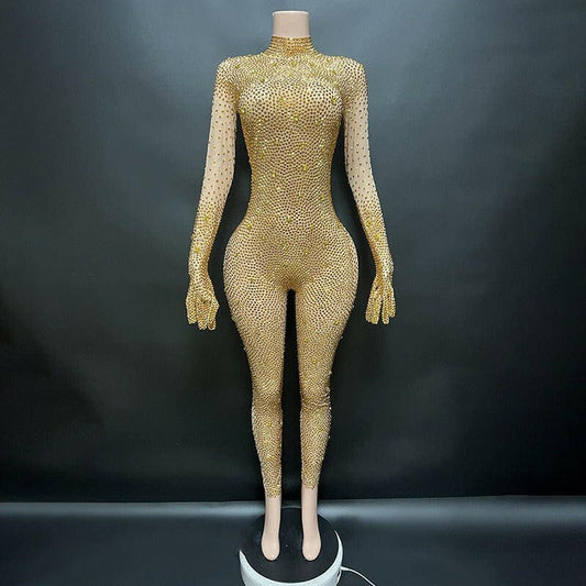 Round Neck Long Sleeved Skin Tight Rhinestone Jumpsuit gold