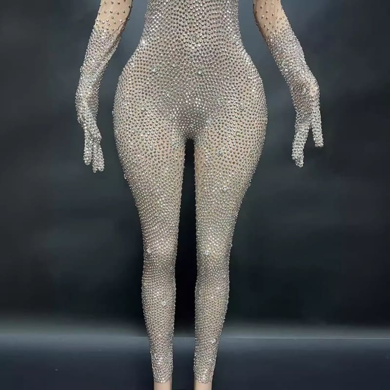 Round Neck Long Sleeved Skin Tight Rhinestone Jumpsuit