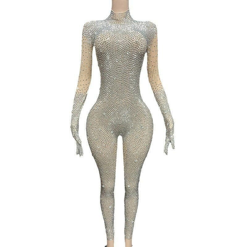 Round Neck Long Sleeved Skin Tight Rhinestone Jumpsuit