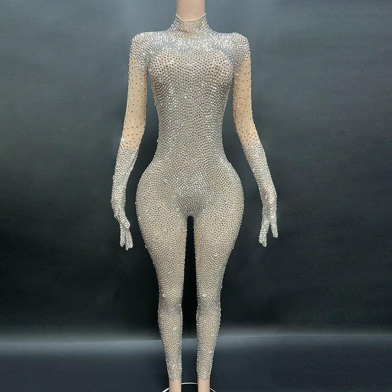 Round Neck Long Sleeved Skin Tight Rhinestone Jumpsuit