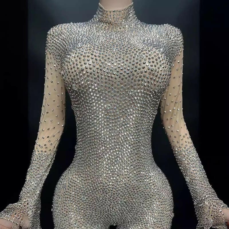 Round Neck Long Sleeved Skin Tight Rhinestone Jumpsuit