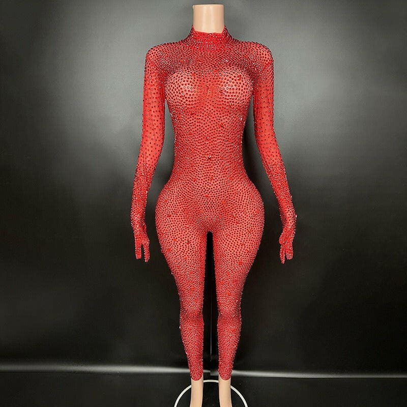 Round Neck Long Sleeved Skin Tight Rhinestone Jumpsuit red