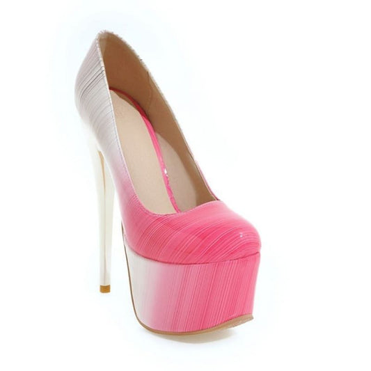 Pink and white high-heeled platform shoe with an extremely tall stiletto heel.