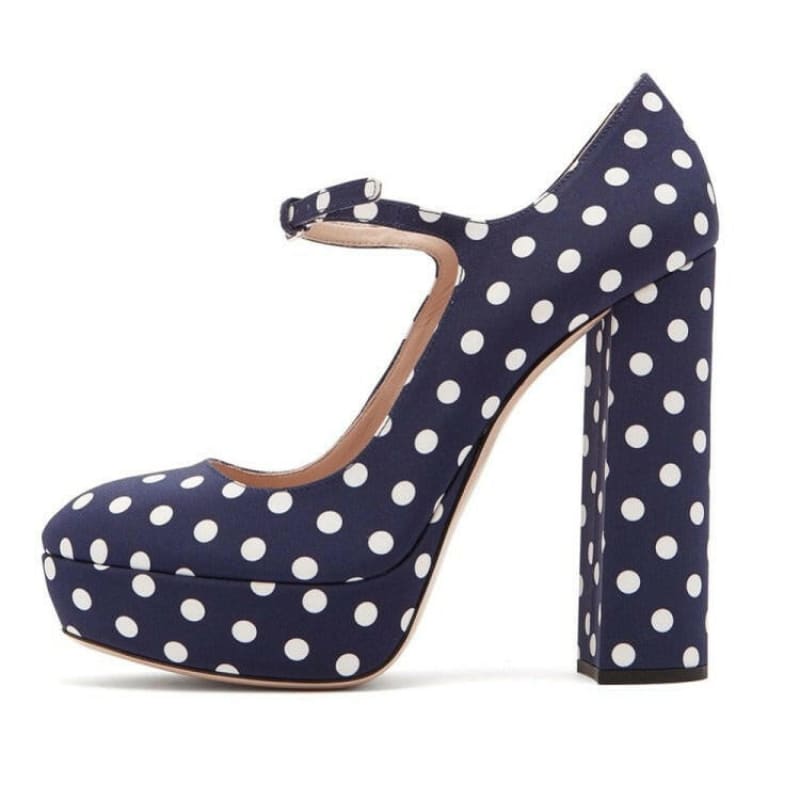 Polka Dot Mary Jane High Heel Plus Size Shoes Blue / 34