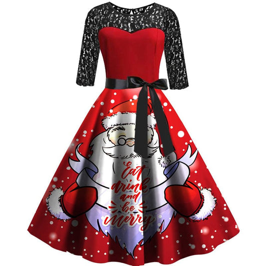 Christmas-themed vintage-style dress with a Santa Claus print and lace sleeves.