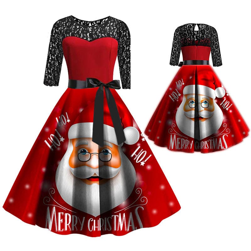 Christmas-themed dress featuring a Santa Claus face print on a red skirt with black lace sleeves.