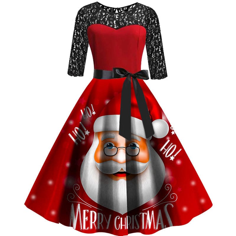 Christmas-themed dress featuring a Santa Claus face print and black lace sleeves.