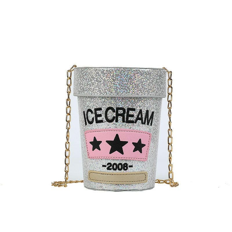 Sequin Crossbody Small Round Bag Cream Pot Design silvery