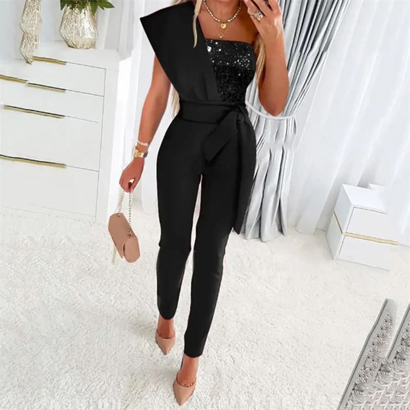 Sequin One Shoulder Backless Slim Fit High Waist Jumpsuit