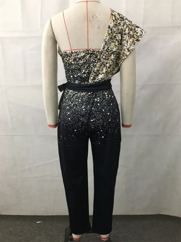 Sequin One Shoulder Backless Slim Fit High Waist Jumpsuit