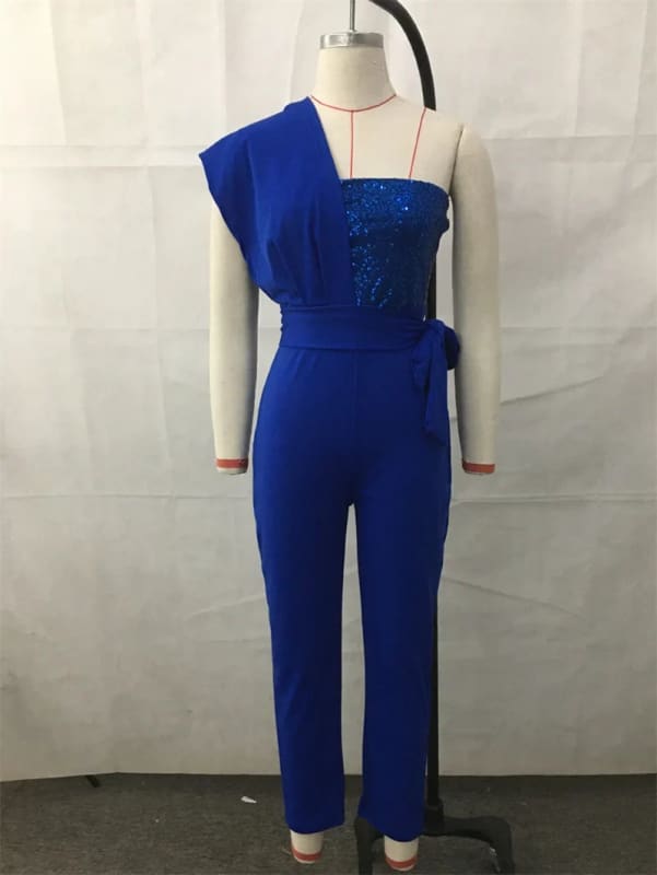 Sequin One Shoulder Backless Slim Fit High Waist Jumpsuit