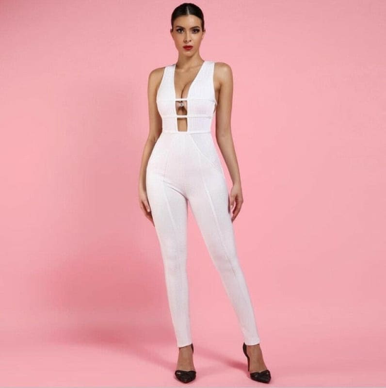 Sexy Bandage Jumpsuit Cut Out in White Rayon Quality White