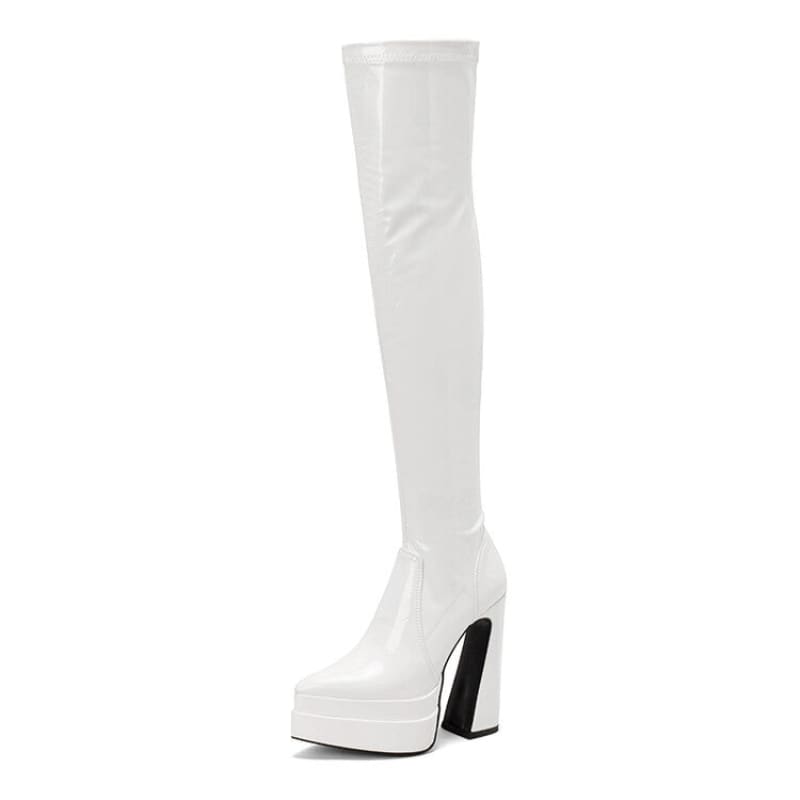 White thigh-high platform boot with a chunky heel.