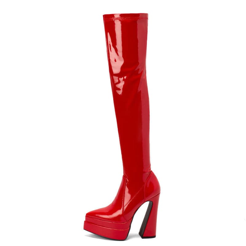 Shiny red thigh-high platform boot with a chunky heel.