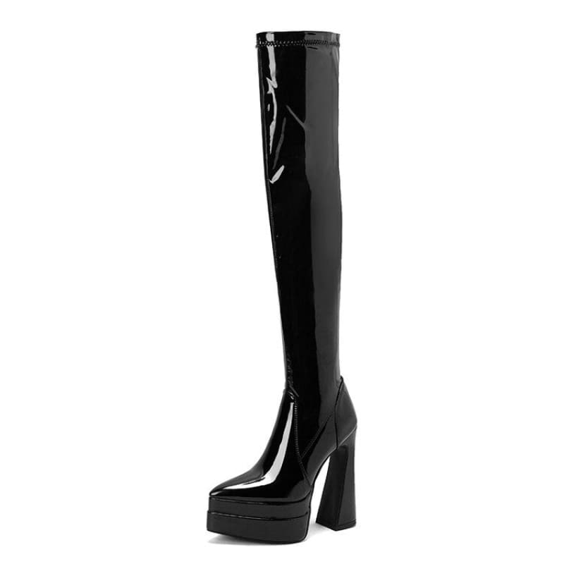 Black patent leather thigh-high platform boot with a chunky heel.