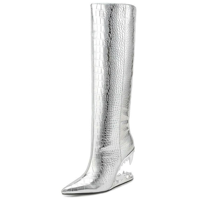 Shark Teeth Pointed High Heel Boots with Zipper silver / 35