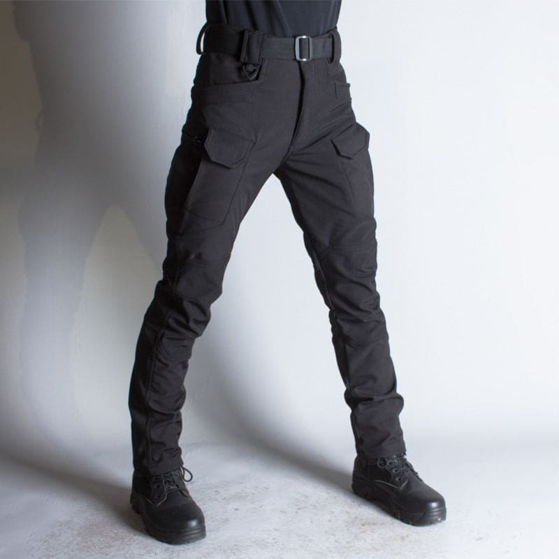 Pair of black tactical pants with cargo pockets and a belt.