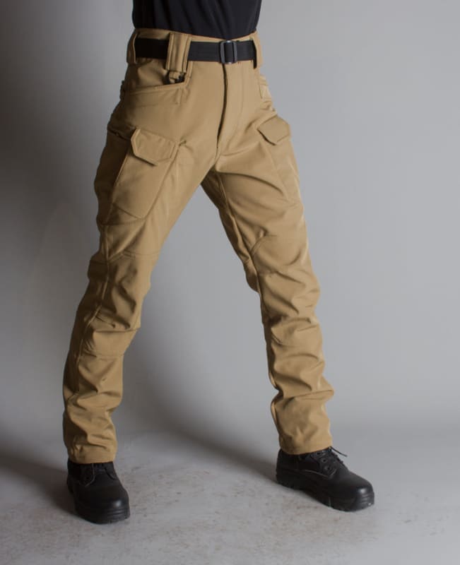 Pair of khaki tactical pants with multiple pockets and a belt.